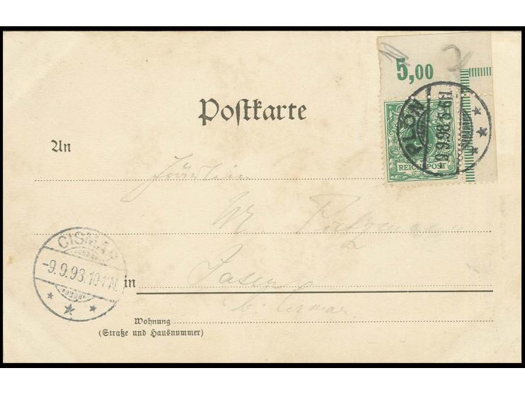 5 Pfg. bläulichgrün, rechte obere Bogenecke mit Reihenwertzahl und Strichelleiste, sauber gestempelt "PLÖN 9.9.98" auf Ansich
