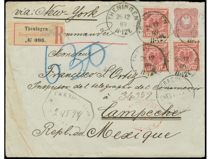 10 Pfg. karminrosa (3) als Zusatzfrankatur auf 1876, Ganzsachenumschlag 10 Pfg. im großen Format mit EKr. "THENINGEN 26 12 89
