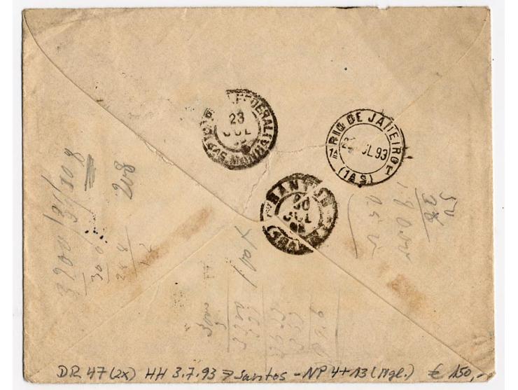 10 Pfg. braunrosa (2) auf unzureichend frankiertem Brief der 2. Gewichtsstufe mit EKr. "HAMBURG 13 3/7 93" via Lissabon nach 