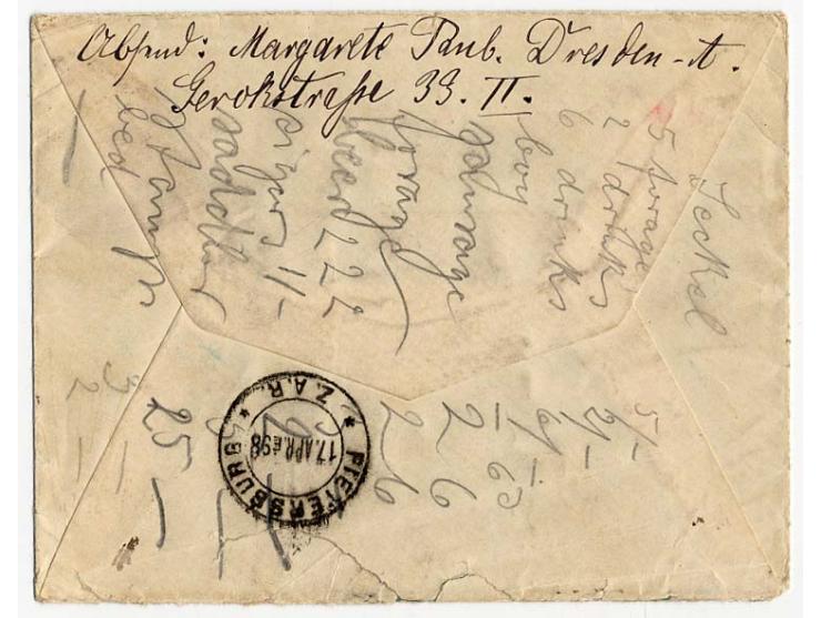 20 Pfg. ultramarin (2) auf R-Brief der 1. Gewichtsstufe von "DRESDEN 17.3.93" nach Niydstroorn (Transvaal) und nachgesandt na