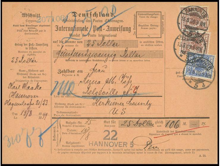 20 Pfg. ultramarin und 50 Pfg. lilabraun (2) auf internationaler Post-Anweisung (mittig gefaltet), sauber gestempelt "HANNOVE