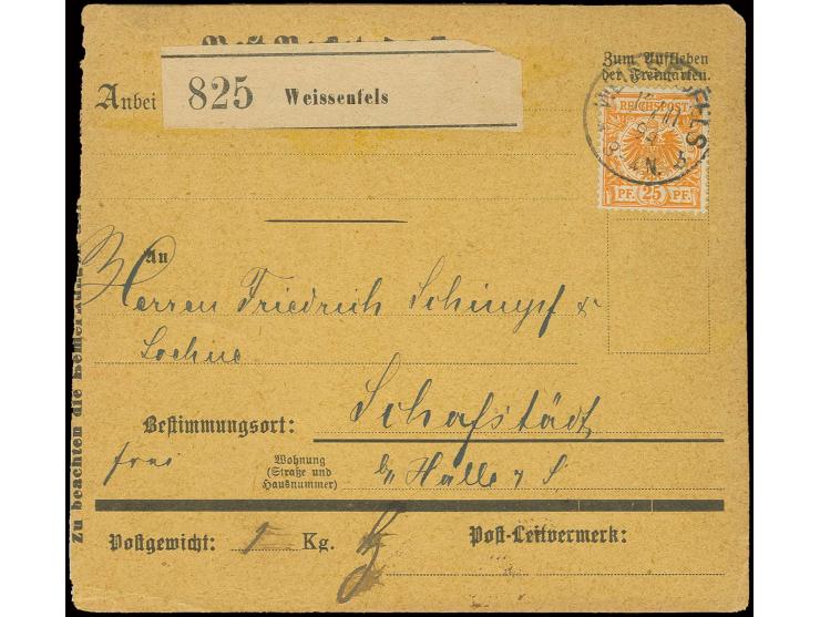 25 Pfg. orange als seltene Einzelfrankatur auf Paketkartenstammteil mit klarem EKr. "WEISSENFELS 10/11 94" nach Schafsteädt b