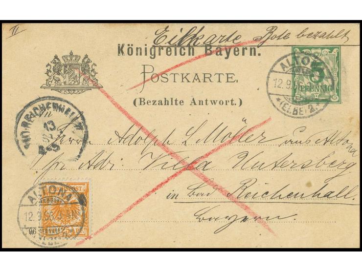 25 Pfg. orange mit Plattenfehler II als Zusatzfrankatur auf Bayern Doppelkarte 5 Pfg. als  Eilbestellgebühr von "ALTONA 12.9.