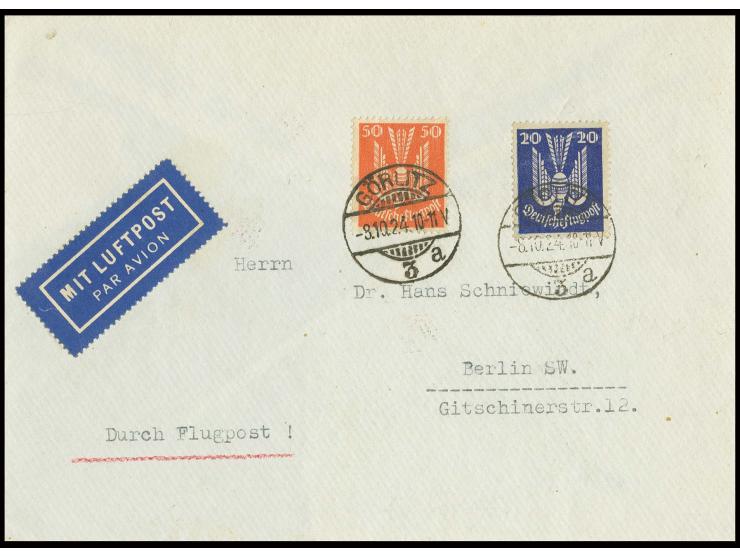 20 Pfg. mit 50 Pfg., jeweils gestempelt "GÖRLITZ 8.10.24" auf überfrankiertem Flugbrief nach Berlin, Pracht, sign. Schlegel A