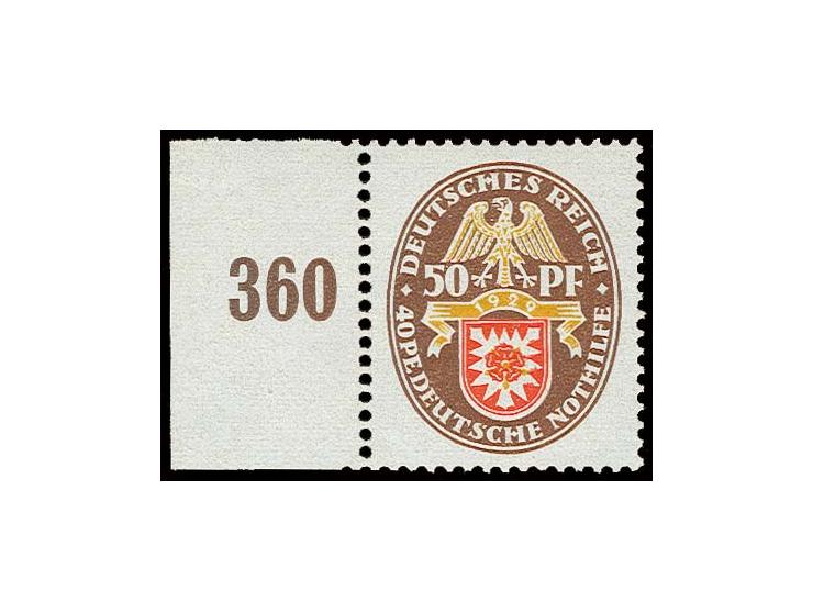 1929, Nothilfe 50 Pfg. mit Plattenfehler "PE", postfrisches linkes Randstück mit kleiner Haftspur im Rand, Kabinett, doppelt 
