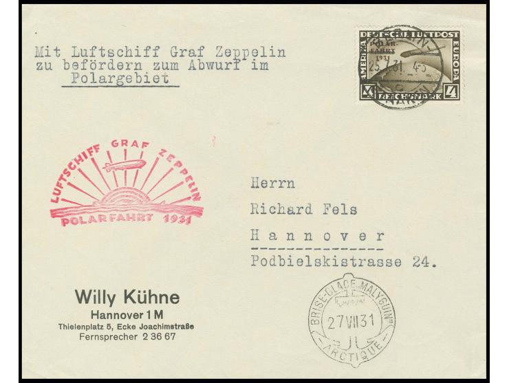 1931, Polarfahrt 1-4 M. kpl. auf 2 Karten und Brief der Polarfahrt, alle Auflieferung Berlin nach Malygin (2) bzw. Leningrad,