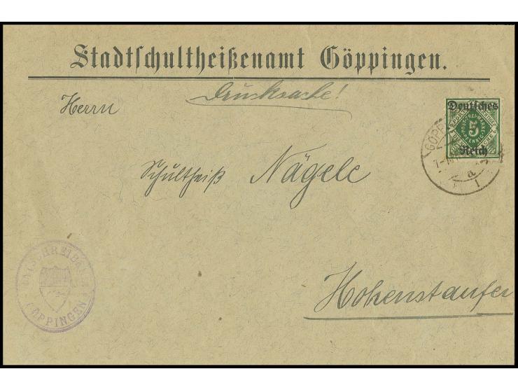 5 Pfg. auf portogerechter Drucksache von "GÖPPINGEN 7-APR.20" nach Hohenstaufen, einige Büge und Marke gering stockig, was au