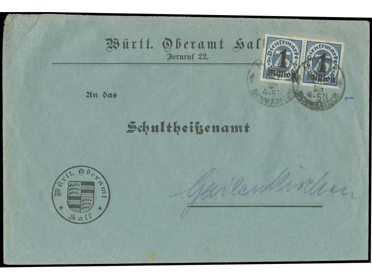 1 Mio. auf 75 Pfg. im waagerechten Paar als portogerechte Mehrfachfrankatur auf Drucksachenumschlag von "HALL 31.10.23" nach 