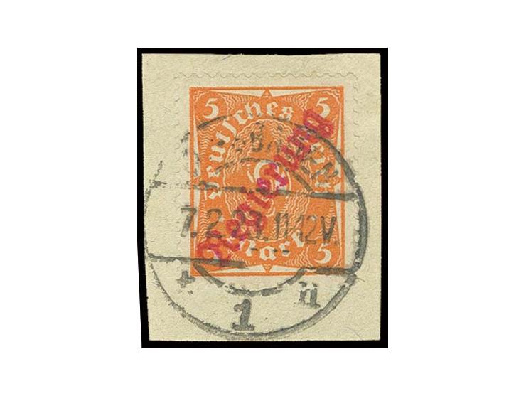 5 M. mit rotem Aufdruck, gestempelt "WIESBADEN 7.2.23" auf Briefstück, Kabinett, sign. Schwarz (Mi. 280,-)