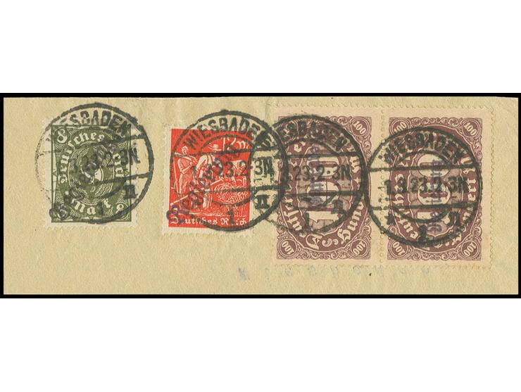 8 und 12 M. mit 100 M. in Type I im senkrechten Paar, sauber gestempelt "WIESBADEN 1.3.23" auf Briefstück, Kabinett, handschr