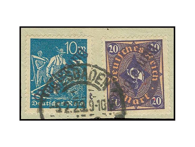 10 und 20 M., gestempelt "WIESBADEN 5.2.23" auf Briefstück, Kabinett, sign. Schwarz (Mi. 340,-)