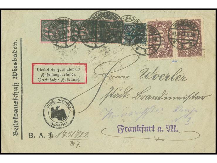 100 M. im senkrechten Paar (ein Wert ganz leichter Eckfehler) mit 50 M. in Type II und Zusatzfrankatur auf Brief mit Zustellu