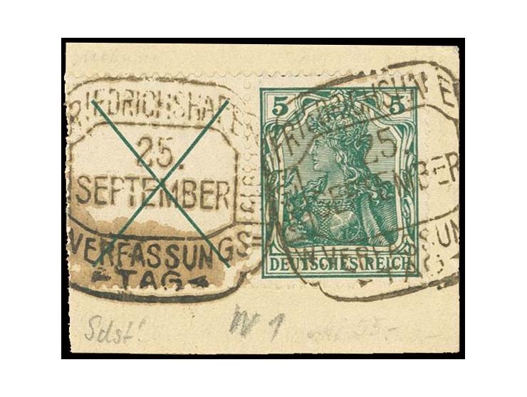 1910, Germania X+5 Pfg. mit Sonderstempel "FRIEDRICHSHAFEN/VERFASSUNGSTAG 25. SEPTEMBER" auf Briefstück, Pracht (Mi. 350,-)