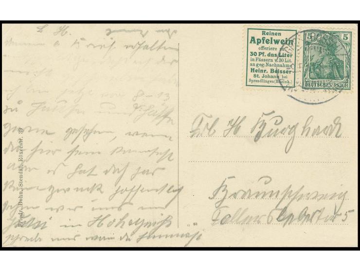 "Apfelwein-Beisser" + 5 Pfg., sehr gut gezähnt mit Stempel "GROSS-ROSSAU 9.5.11" auf Ansichtskarte, Pracht (Mi. 1.600,-)