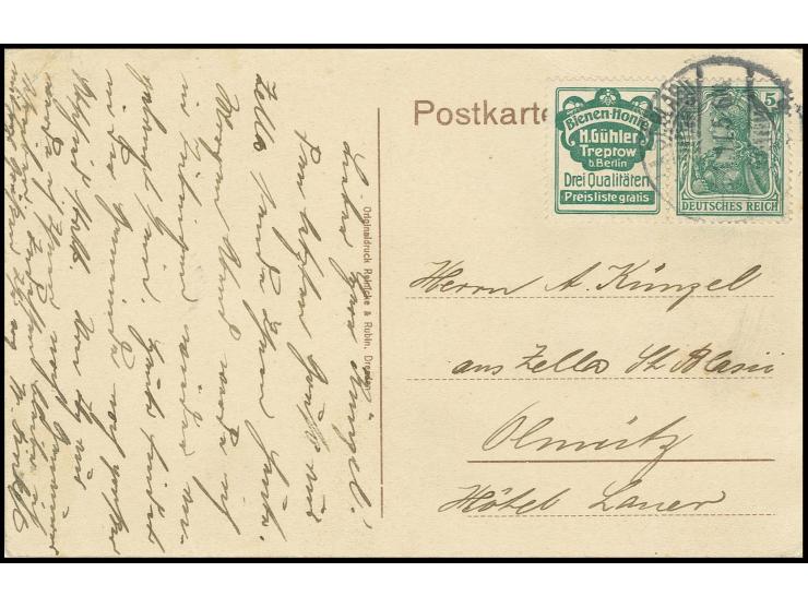 "Bienen-Honig Gühler" + 5 Pfg., sehr gut gezähnt mit Stempel "ZELLA ST. BLASIEN 1.4.11" auf Ansichtskarte, Pracht (Mi. 700,-)