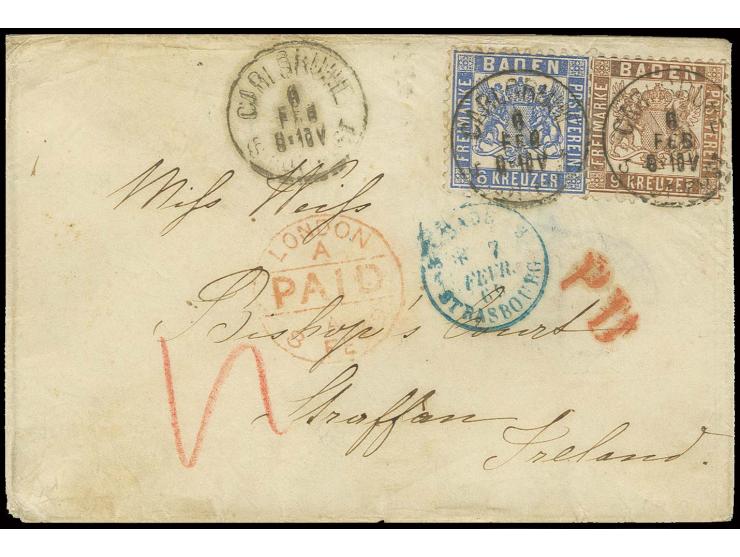 6 Kr. ultramarin und 9 Kr. rötlichbraun mit EKr. "CARLSRUHE 6 FEB." (1869) auf Briefkuvert über Frankreich und London nach Ir