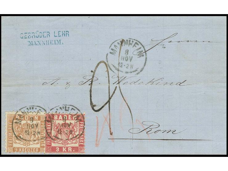 9 Kr. rötlichbraun in Mischfrankatur mit 1868, 3 Kr. rosarot mit EKr. "MANNHEIM 8 NOV." (1869) auf Briefhülle über Österreich