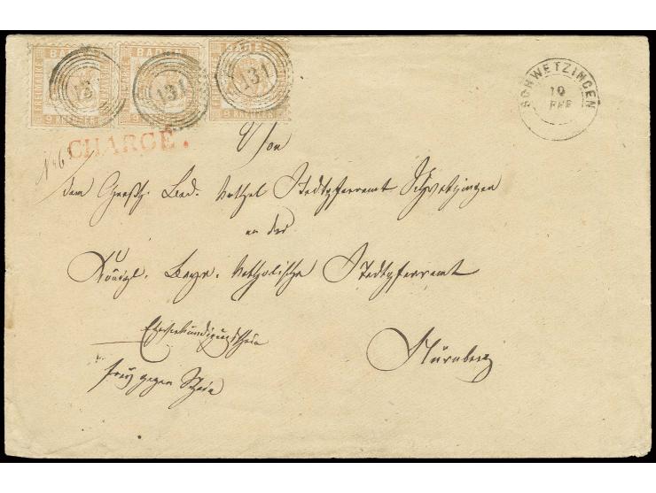 9 Kr. fahlbraun, 3 Einzelwerte, farbfrisch und gut gezähnt mit Nr. "131" auf etwas größerformatigem Chargé-Brief von "SCHWÄTZ