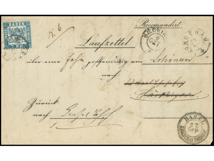 7 Kr. blau (leichte Zahnmängel) mit DKr. "SCHOENAU 25 SEP." auf Laufzettel für eine Paketsendung mit vorderseitigen Ankunftss