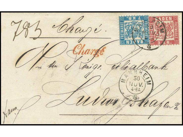 7 Kr. blau und 3 Kr. rosa mit DKr. "MANNHEIM 30 NOV." auf Chargé-Brief ins bayerische Ludwigshafen, Pracht
