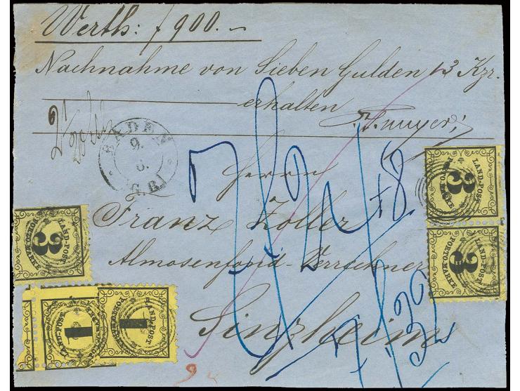 dickeres Papier: 1 Kr. auf dunkelgelb, 2 Einzelwerte mit 3 Stück 3 Kr. auf gelb mit Nr. "8" und nebengesetztem DKr. "BADEN G.