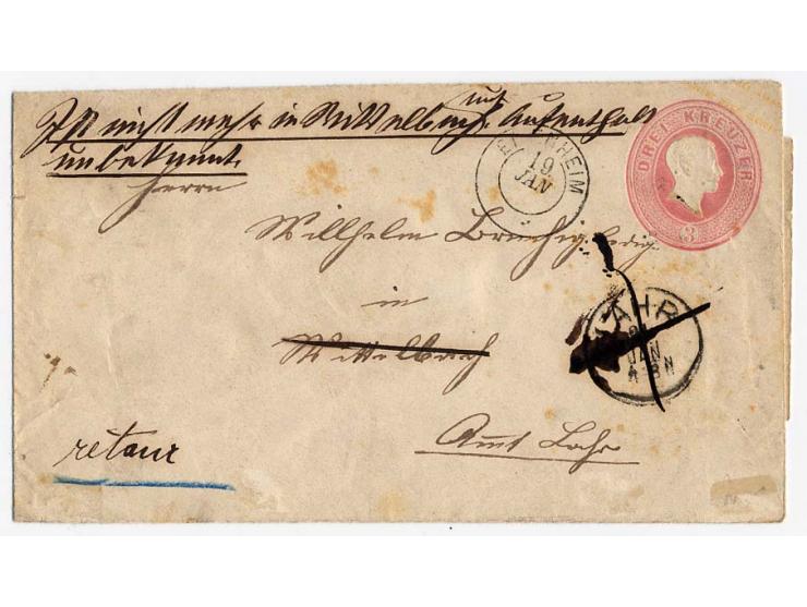 Umschlag 3 Kr. rosa mit rückseitig weißem Taxzettel von "ETTENHEIM 19 JAN." nach Lahr, dort unbekannt und mit EKr. von Lahr r