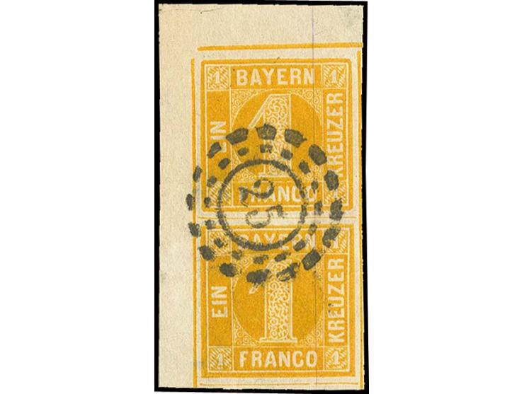 1862, 1 Kr. gelb, senkrechtes linkes oberes Eckrandpaar, dabei die obere Marke von Platte II, allseits breit- bis überrandig,