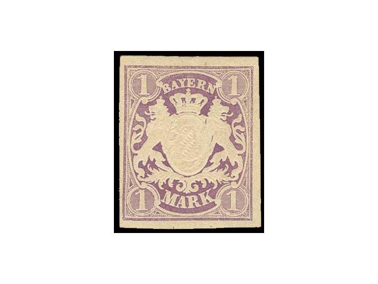 1874, 1 M. geschnitten: 1 M. rotviolett, allseits voll- bis breitrandig, farbfrisch und mit guter Wappenprägung, ungebraucht,