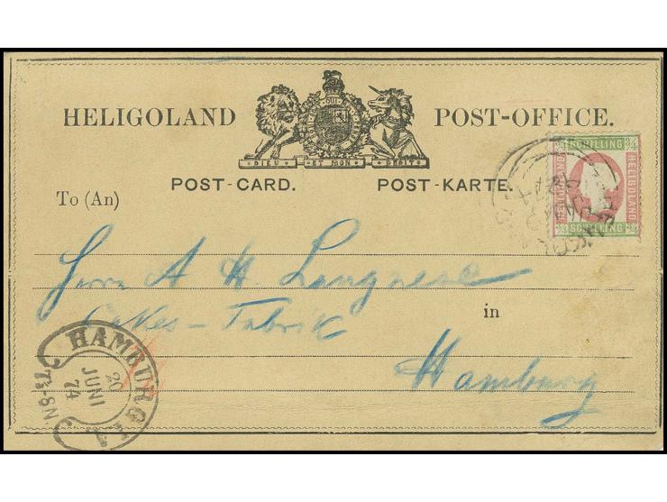 3/4 Sch. hellgrün/rosa mit Stempel "HELIGOLAND JU 19 1874" auf Karte nach Hamburg, Karte und Marke mit leichten Einschränkung