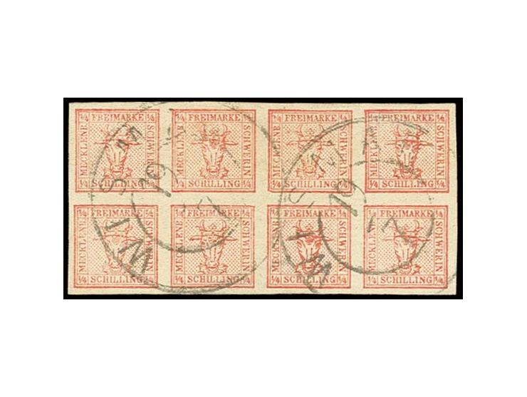 1856, 4/4 Sch. im waagerechten Paar, allseits vollrandig mit zweimal sauber aufgesetztem Dkr. "WISMAR 19/7", Kabinett, Befund