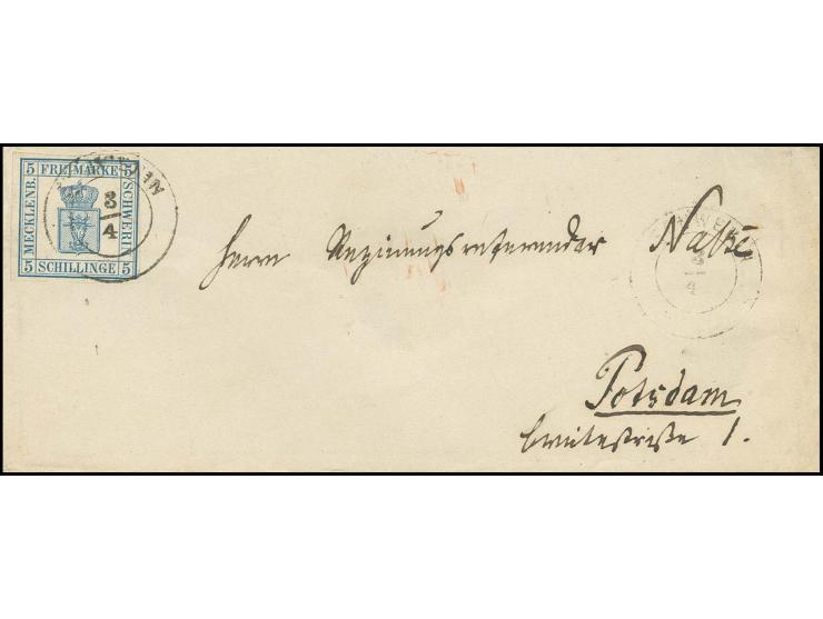 5 S. blau, rechts oben etwas tangiert mit DKr. "SCHWERIN 3/4" auf Damenbrief nach Potsdam, rückseitig Bahnpoststempel und Aus