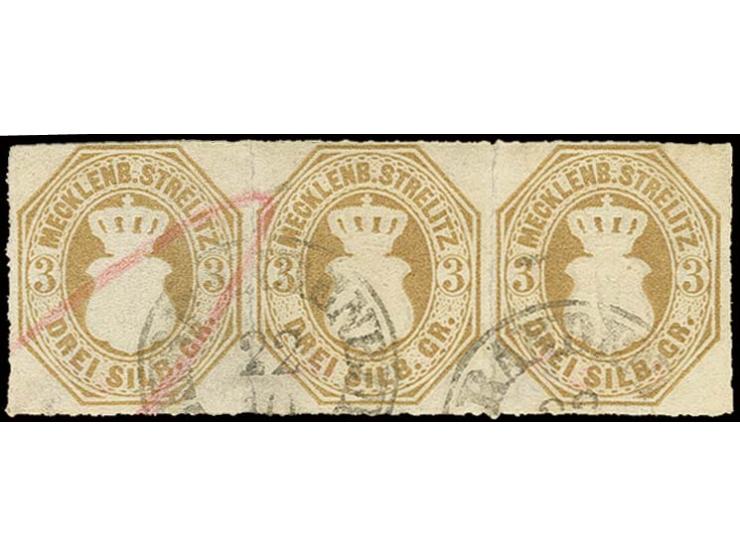 1864, 3 Sgr. braun im waagerechten Dreierstreifen, entwertet mit zweimal aufgesetztem DKr. "NEUBRANDENBURG 22.10", linke und 