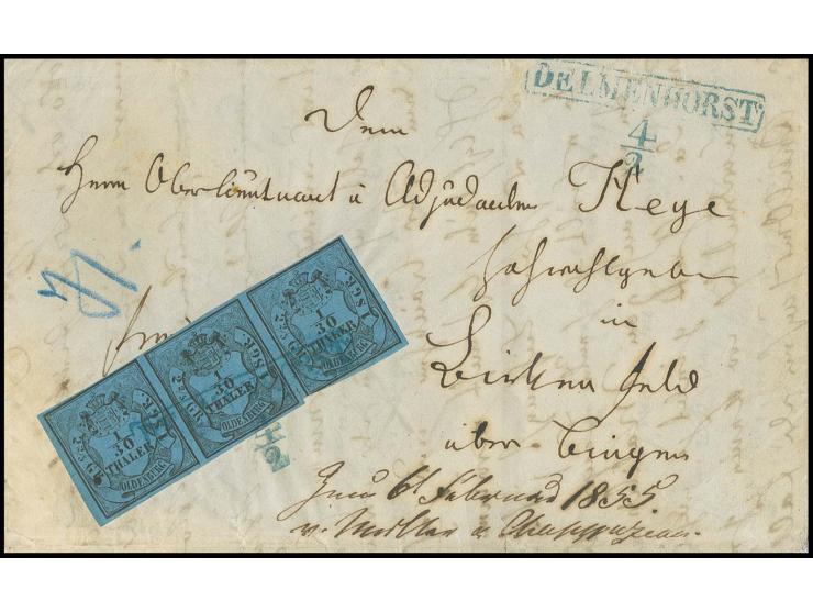 1/30 Thaler auf ultramarin im waagerechten Dreierstreifen der Typen I/III/I, teils leicht berührt und entwertet mit blauem Ra