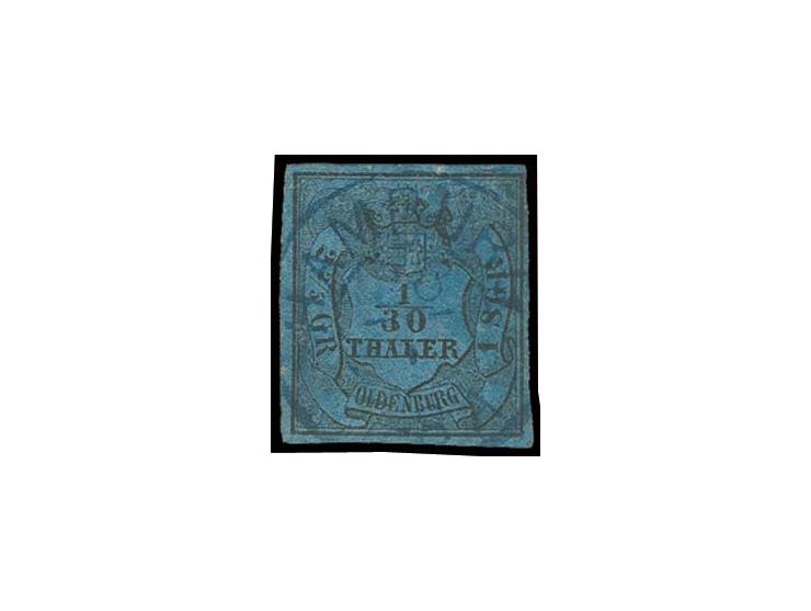 STEMPEL: "HAMBURG", blauer DKr. des hannoverschen Postamtes auf 1/30 Th. auf ultramarin (Mängel), seltene Fremdentwertung