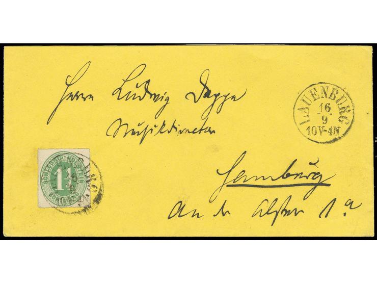 1 1/4 Sch. grün mit EKr. "LAUENBURG 16/9", zusätzlich nebengesetzt, auf leuchtend gelbem Briefkuvert nach Hamburg mit Ankunft