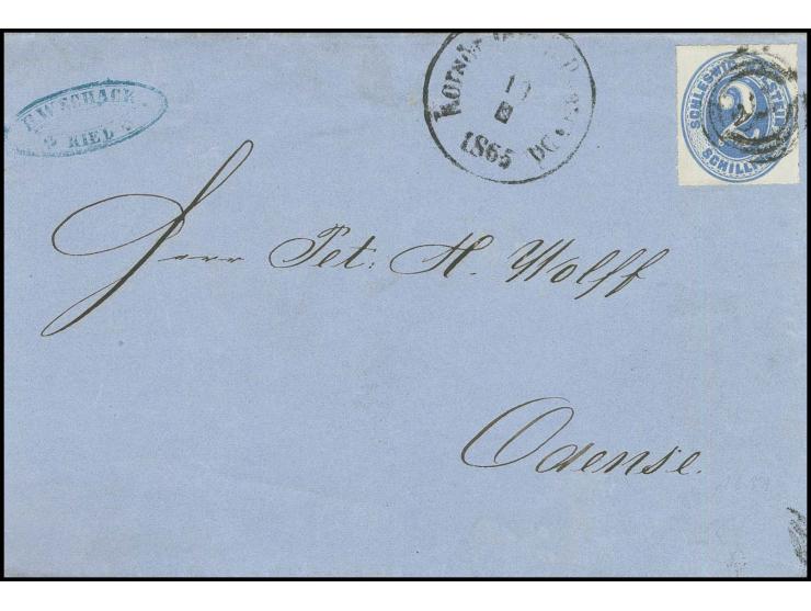 2 Sch. grauultramarin mit Nr. "179" und nebengesetztem EKr. "Korsör Jernb. Postexped. 18...1865" auf Briefhülle nach Odense m