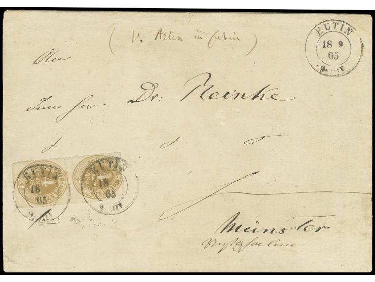 4 Sch. hellockerbraun im senkrechten Paar, farbfrisch und einwandfrei durchstochen mit preußischem DKr. "EUTIN 18 9 65" auf B