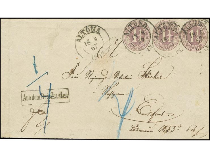 1 1/4 Sch. lila, 3 Stück rund geschnitten mit DKr. "ALTONA 18 8 67" auf Briefkuvert nach Erfurt mit nebengesetztem "Aus dem B
