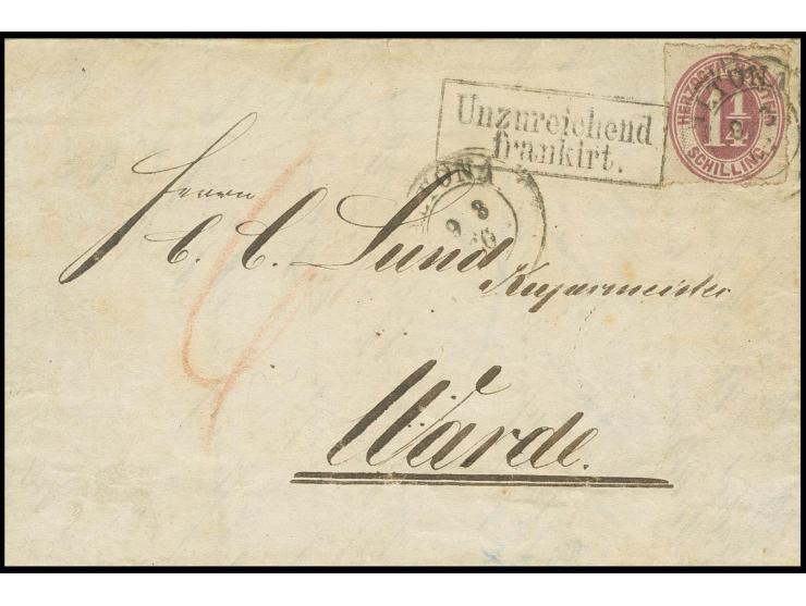 1 1/4 Sch. braunpurpur mit DKr. "ALTONA 9 3 66" auf Faltbrief nach Warde in Dänemark mit Durchgangsstempeln von Hadersleben u
