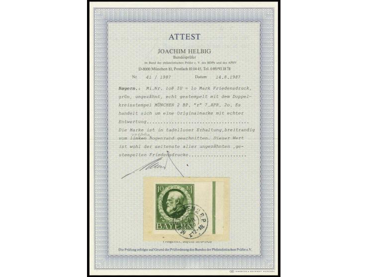 1914, Ludwig Friedensdruck 10 Mark, breitrandig ungezähntes rechtes Randstück mit Stempel "MÜNCHEN 2 B.P. 7 APR. 20" auf Brie