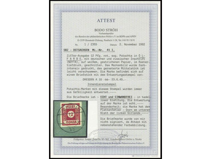 12 Pfg. mit Plattenfehler "Dorn am unteren Blatt", sauber gestempelt "DRESDEN A 16 bb 23.6.45" auf Briefstück, sign. Zierer B