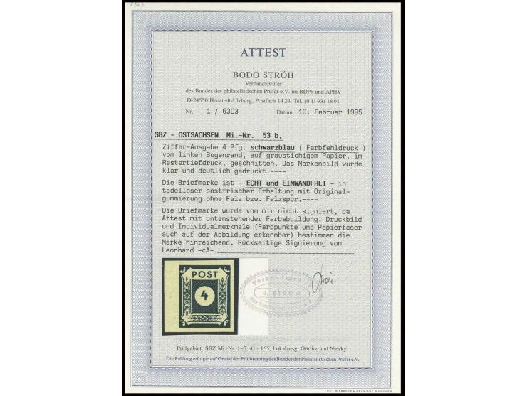 4 Pfg. schwarzblau, postfrisches linkes Randstück, sign. Leonhard sowie Fotoattest Ströh BPP (Mi. 700,-)