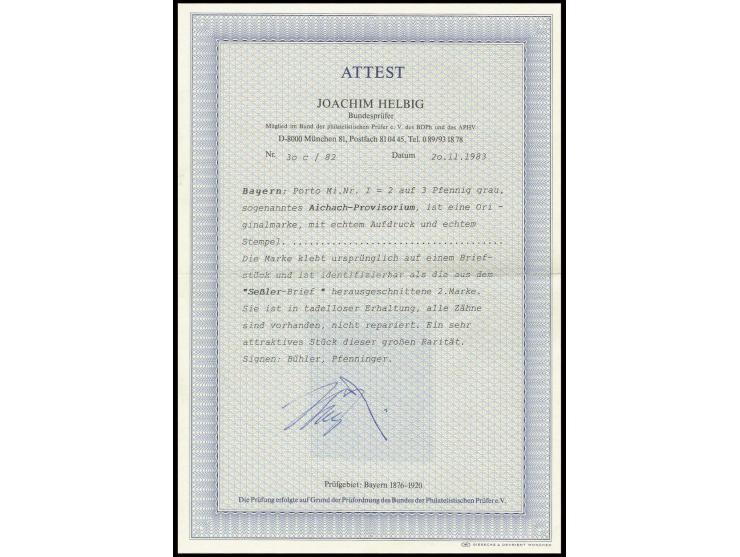 1895, 3 Pfennig grau mit Überdruck "2" in allen vier Ecken, das so genannte "Aichach-Provisorium" farbfrisch und gut gezähnt 