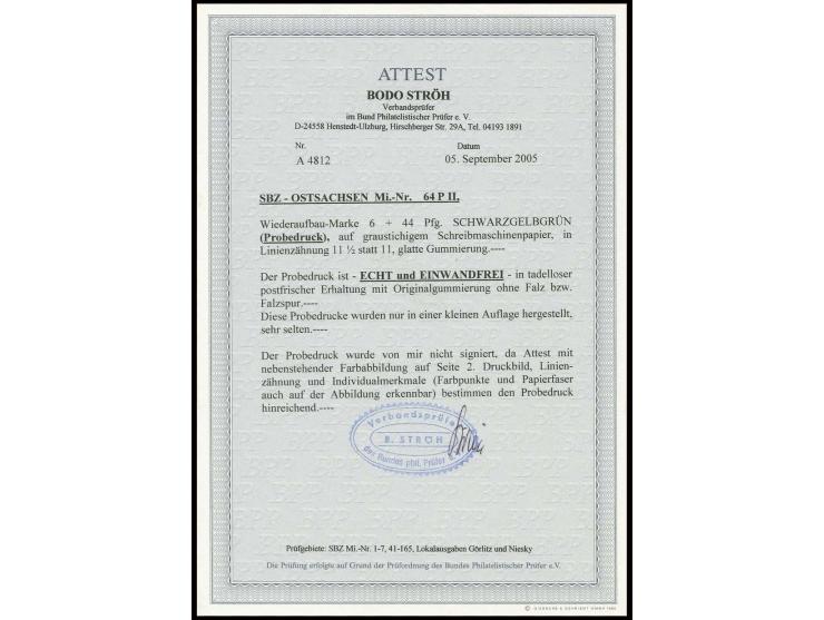 6 Pfg., Probedruck in schwarzgelbgrün auf graustichigem Schreibmaschinenpapier, postfrisch, Fotoattest Ströh BPP (Mi. 1.400,-
