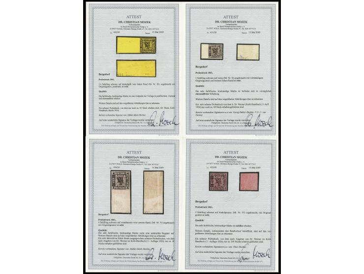 1861, Probedrucke 1 Schilling schwarz, 1 ½ Schilling auf dunkelgelb, 3 Schilling auf dunkelpurpur und 4 Schilling auf rosacha