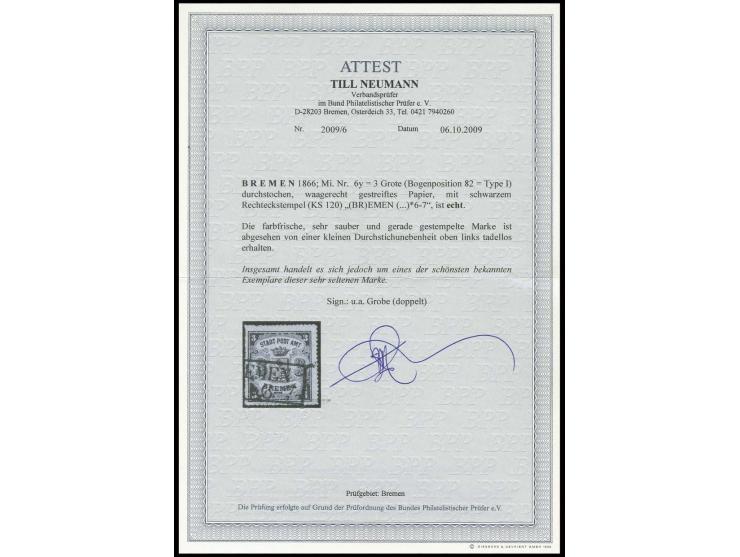 1864, 3 Grote durchstochen auf waagerecht gestreiftem Papier; farbfrisch und bis auf kleine Durchstichunebenheit oben links i