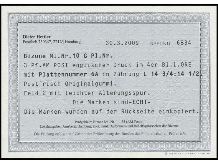 3 Pfg. in Zähnung 14 3/4: 14 1/2, linker oberer Eckrand-4er-Block mit Pl.-Nr. "6A", postfrisch, Feld 2 mit ganz schwachen Alt