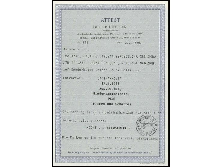 Deutscher Druck: 1 Pfg.-1 RM. kpl. auf großem Sonderblatt mit SST "HANNOVER Ausstellung Niedersachsenschau 1946 Planen und Sc