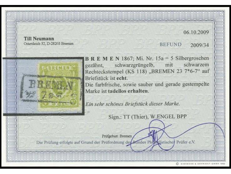 5 Silbergroschen schwarzgrüngelb, farbfrisch und tadellos gezähnt mit sauber aufgesetztem Ra. "BREMEN 23 7" auf Briefstück, K