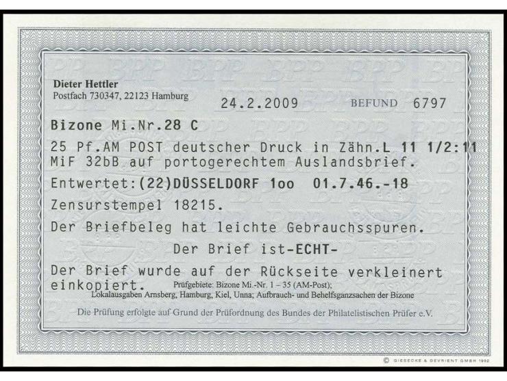 25 Pfg. in Zähnung 11½:11 mit 50 Pfg. auf portogerechtem Brief von "DÜSSELDORF 1.7.46" nach Wien mit Zensurbanderole und -ste